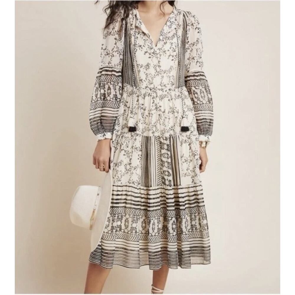 Anthropologie Black Cream Sheer Talulah Tiered Midi Dress Sz Xs No Liner As Is